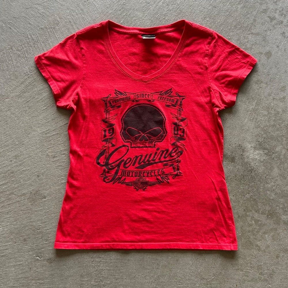Vintage Harley Davidson Skull Shirt Womens Small Red Y2K Eagle Mackinaw City Mi